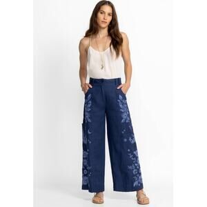 Johnny Was Blue Linen Wide Leg Oleander Cropped Pants Embroidered Size 12 JWLA